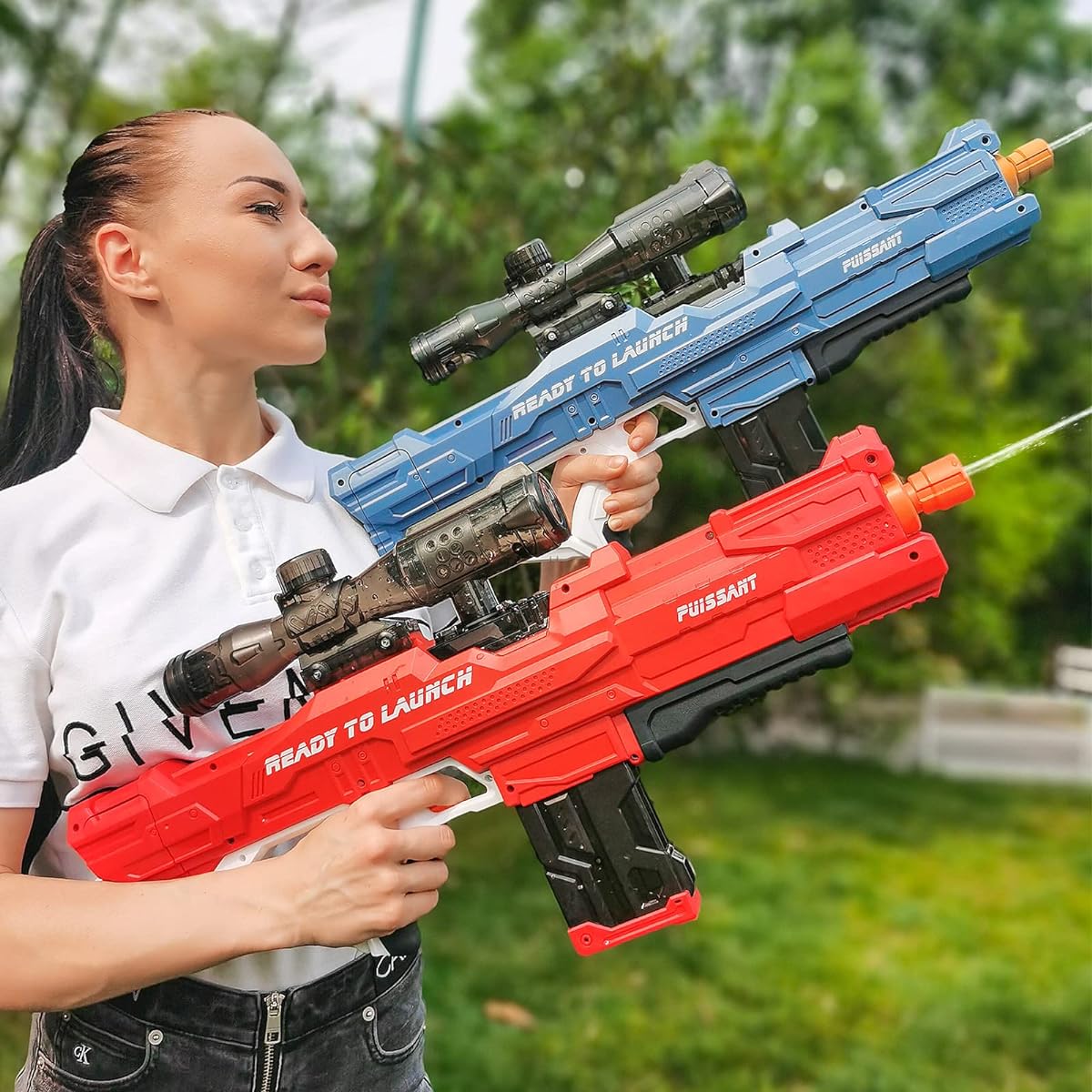 Red Electric Water Gun with Scope for Adults, Water Blaster, Squirt Gun, Electric Auto Burst, Battery Powered, Long Range, Summer, Outdoor, Beach, Swimming, Pool, Party, Toys, Kids