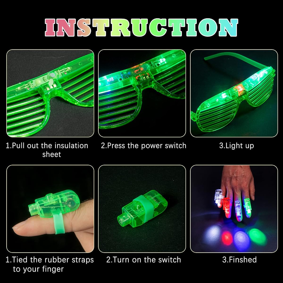 LED Light Up Neon Flashing Toys 72 Pack 6 Colors Glow in the Dark Party Supplies with 36 LED Glasses Shutter Shades Glowing Finger Ring Lights for Birthday, Easter, Carnival, Rave Parties