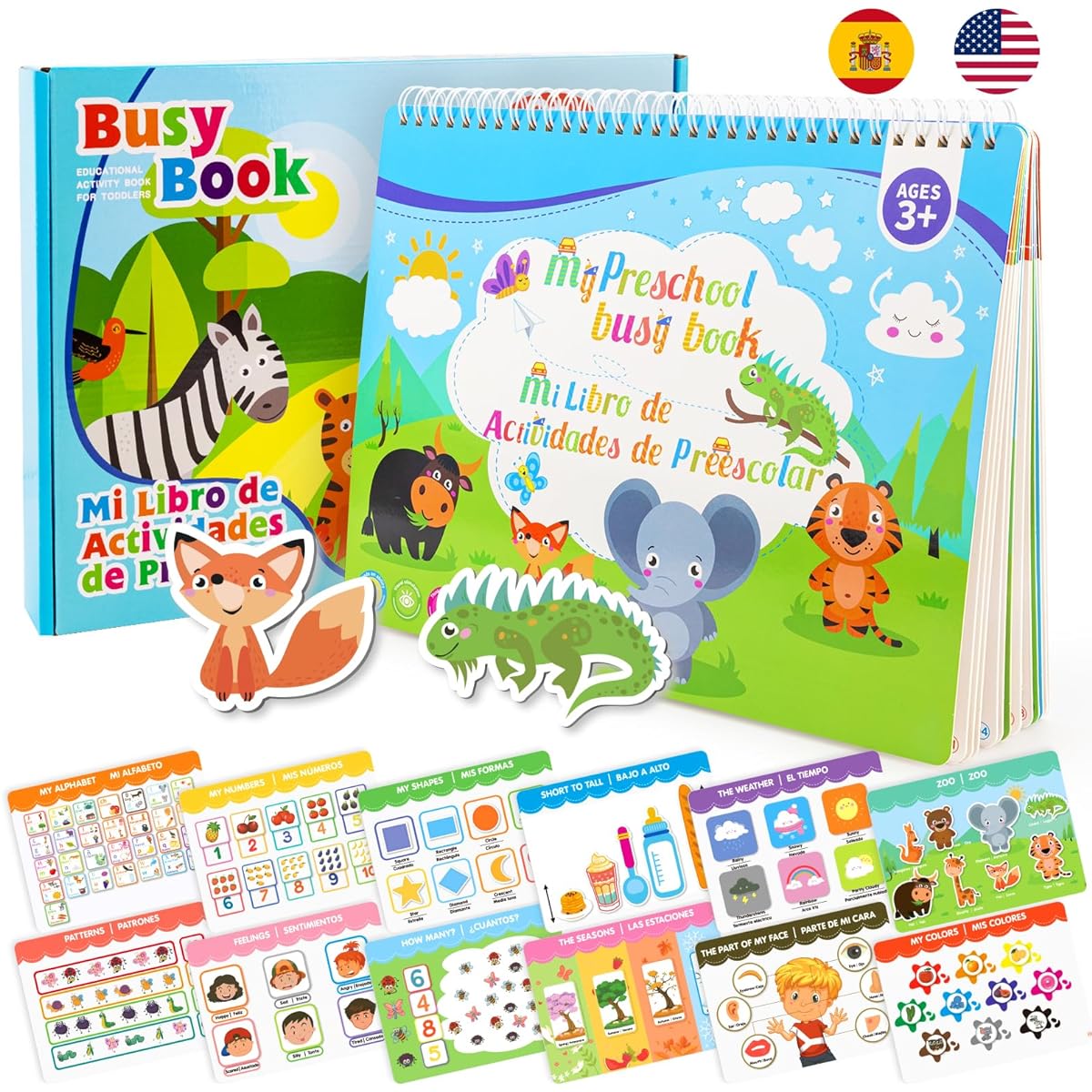 Ayyomo Spanish & English Busy Book for Toddlers - Bilingual Preschool Activity Book for 3 Years Old 4 Years 5 Years Old - Interactive Educational Learning Activities for Girls Boys Birthday Gift