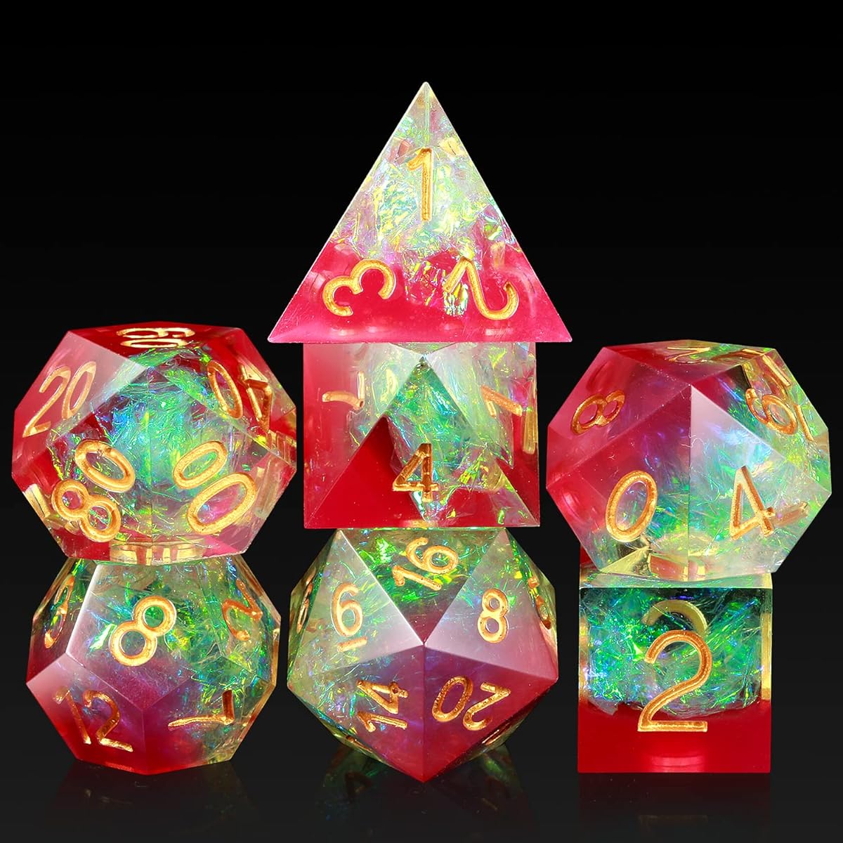 DND Rose Dice Set DND Handmade Sharp Edge Dungeons & Dragons Dice Set with Luxury Gift Case for DND (Rose and Translucent Gold Numbers)