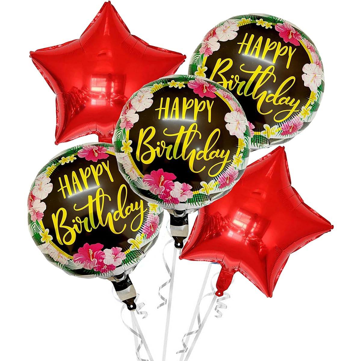 GRAND SHOP Happy Birthday Floral Print Round & Star Foil Balloons Red Black Set of 5