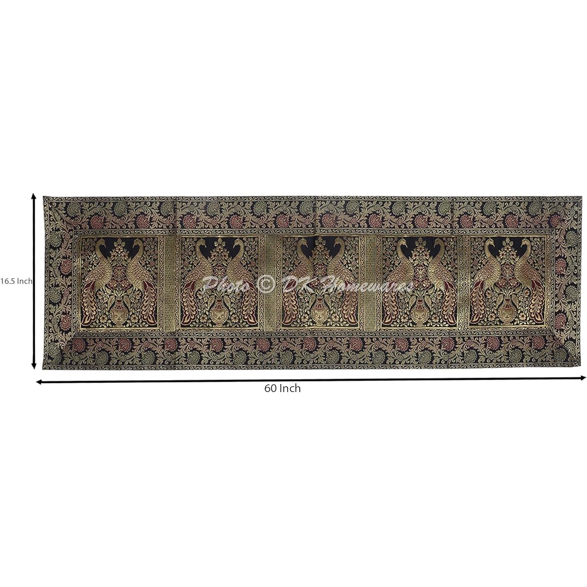 DK Homewares Ethnic Traditional Table Runner Birthday Party Home Decoration Brocade Black Gold 150x40cm Jacquard Peacock 5ft Centerpiece (60x16inch)