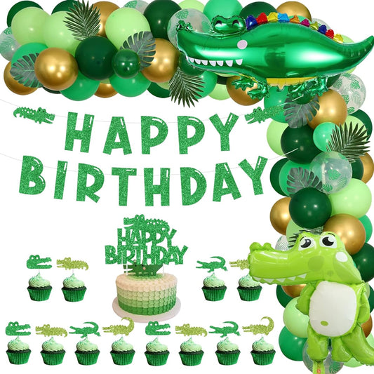 Alligator Birthday Party Decorations,Green Crocodile Balloons Arch Birthday Party for Kids,Alligator Party Supplies Balloons Cupcake Sign Happy Birthday Banner Cartoon Reptile Birthday Party