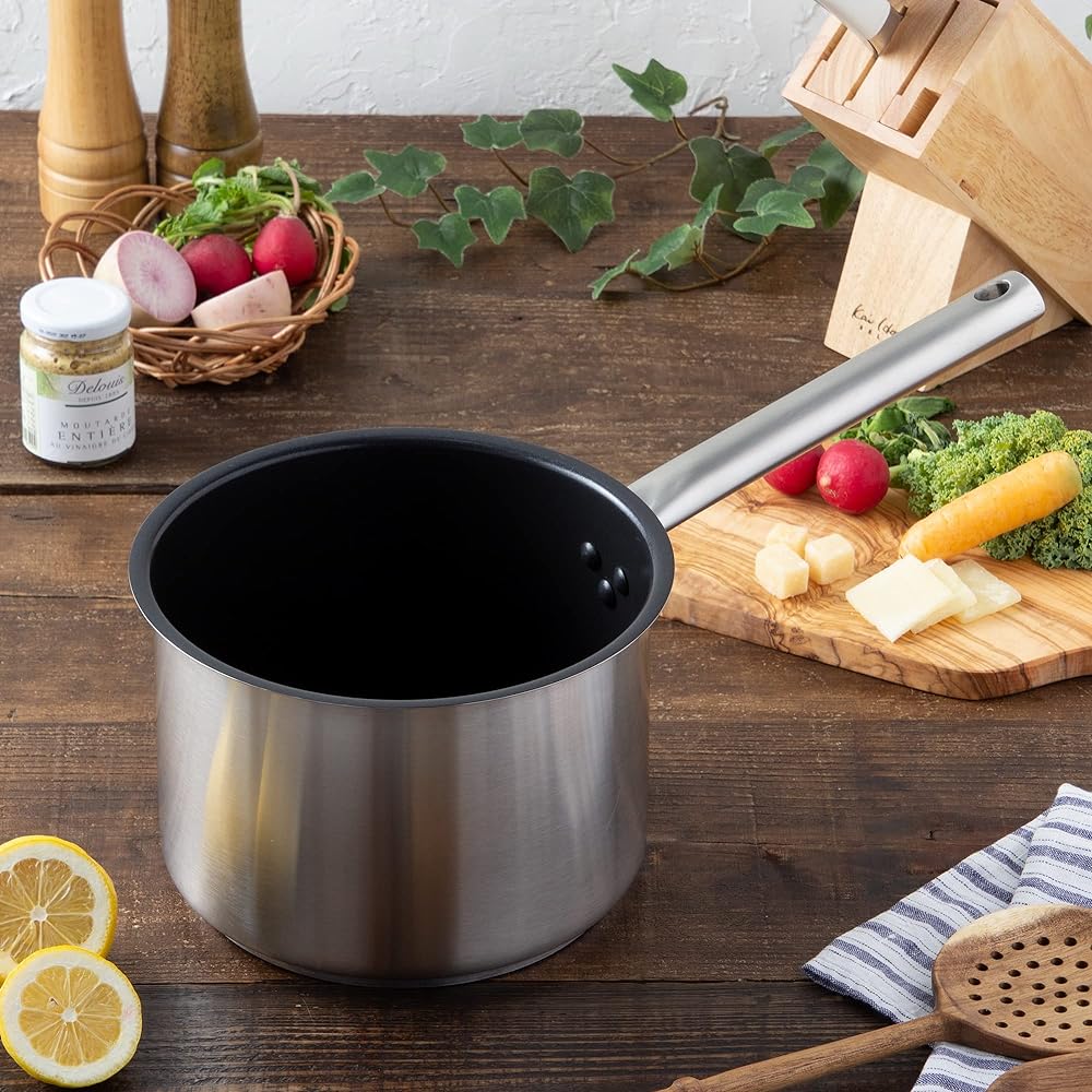 Endo Shoji Commercial Murano Induction Teflon Select One Hand Deep Pot 20cm (No Lid) IH Compatible 18-8 Stainless Steel/Teflon Treated Inside AKTD203