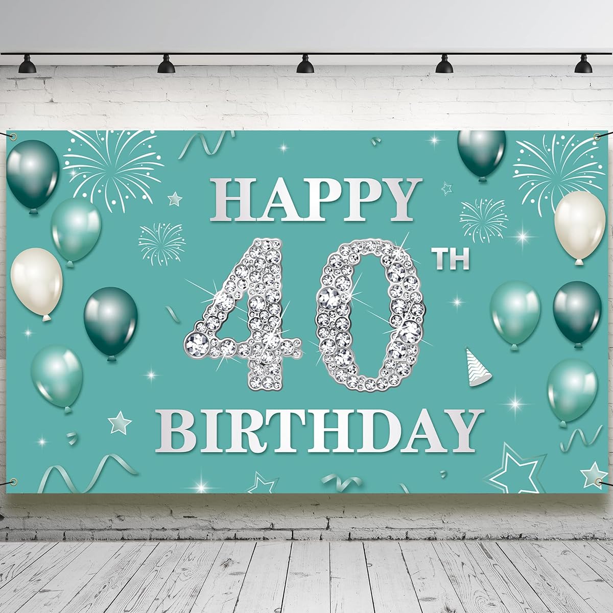 40th Birthday Banner Backdrop, Teal Silver Happy 40th Birthday Decorations Women, Turquoise 40 Years Old Birthday Photo Props, Forty Birthday Party Sign for Outdoor Indoor, Fabric Vicycaty