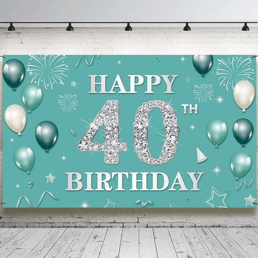 40th Birthday Banner Backdrop, Teal Silver Happy 40th Birthday Decorations Women, Turquoise 40 Years Old Birthday Photo Props, Forty Birthday Party Sign for Outdoor Indoor, Fabric Vicycaty
