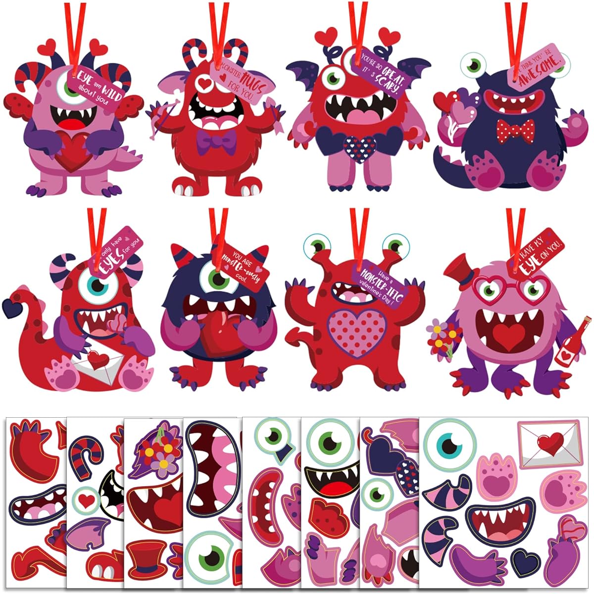 40 Sets Valentine's Day Craft Kit for Kids Valentine's Day DIY Monster Cards for Kids Valentine Paper Crafts Hanging Ornaments Valentine Entertainment for Boys Girls School Classroom Home
