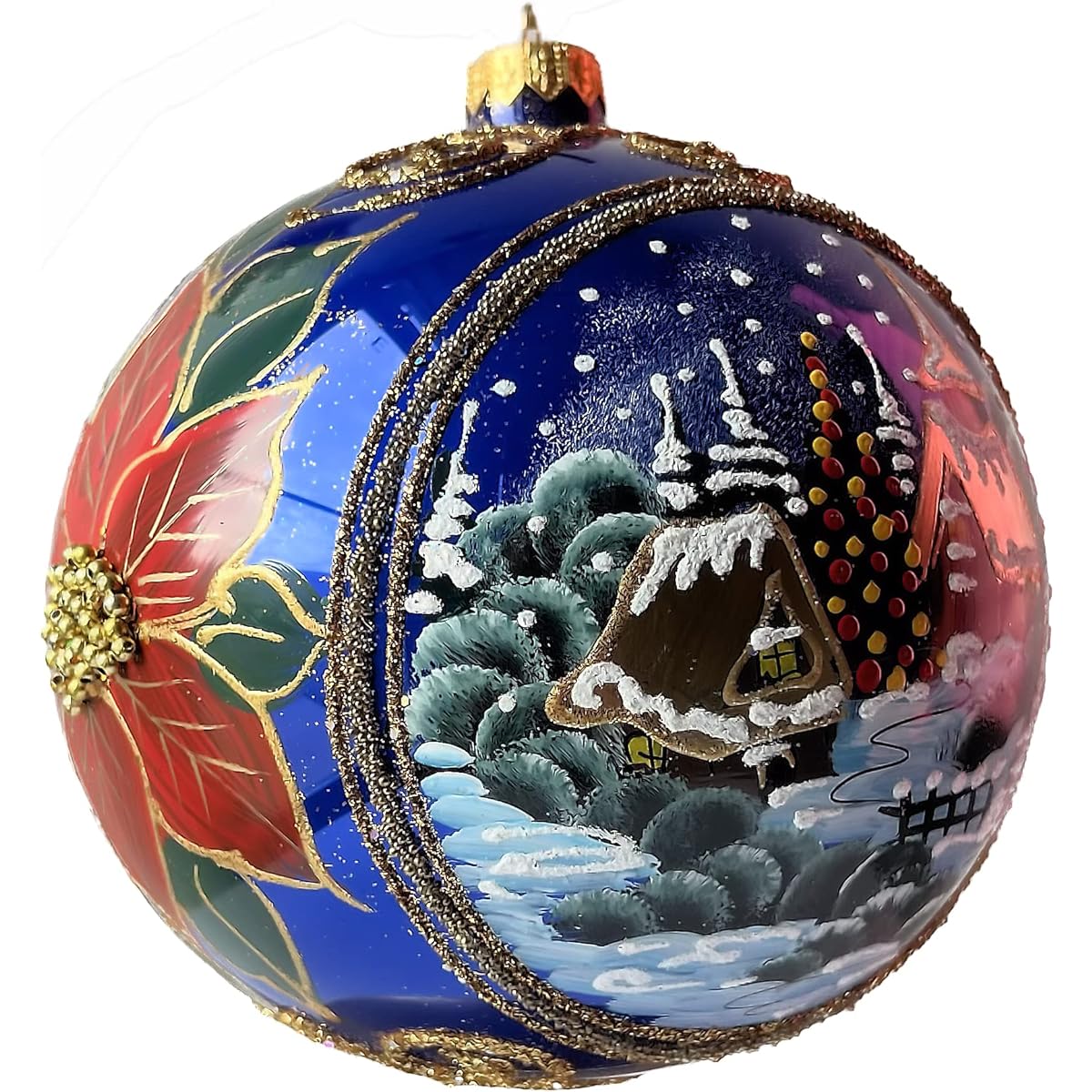 Polish Gallery Christmas Ornament Winter's Red Poinsettia Blown Glass Ball (Navy Blue 150mm)
