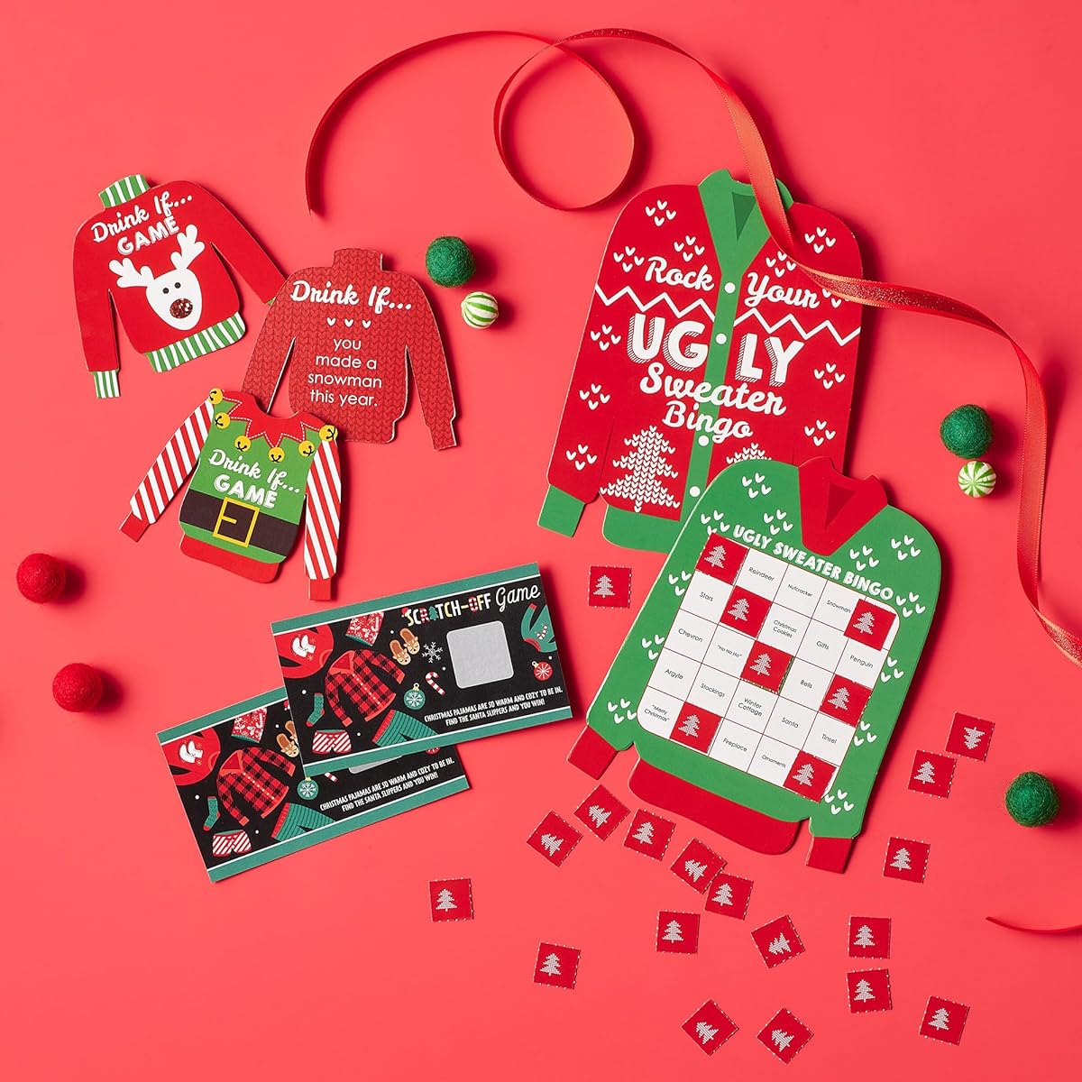 Big Dot of Happiness Ugly Sweater Bar Bingo Cards and Markers Holiday & Christmas Party Bingo Game Set of 18