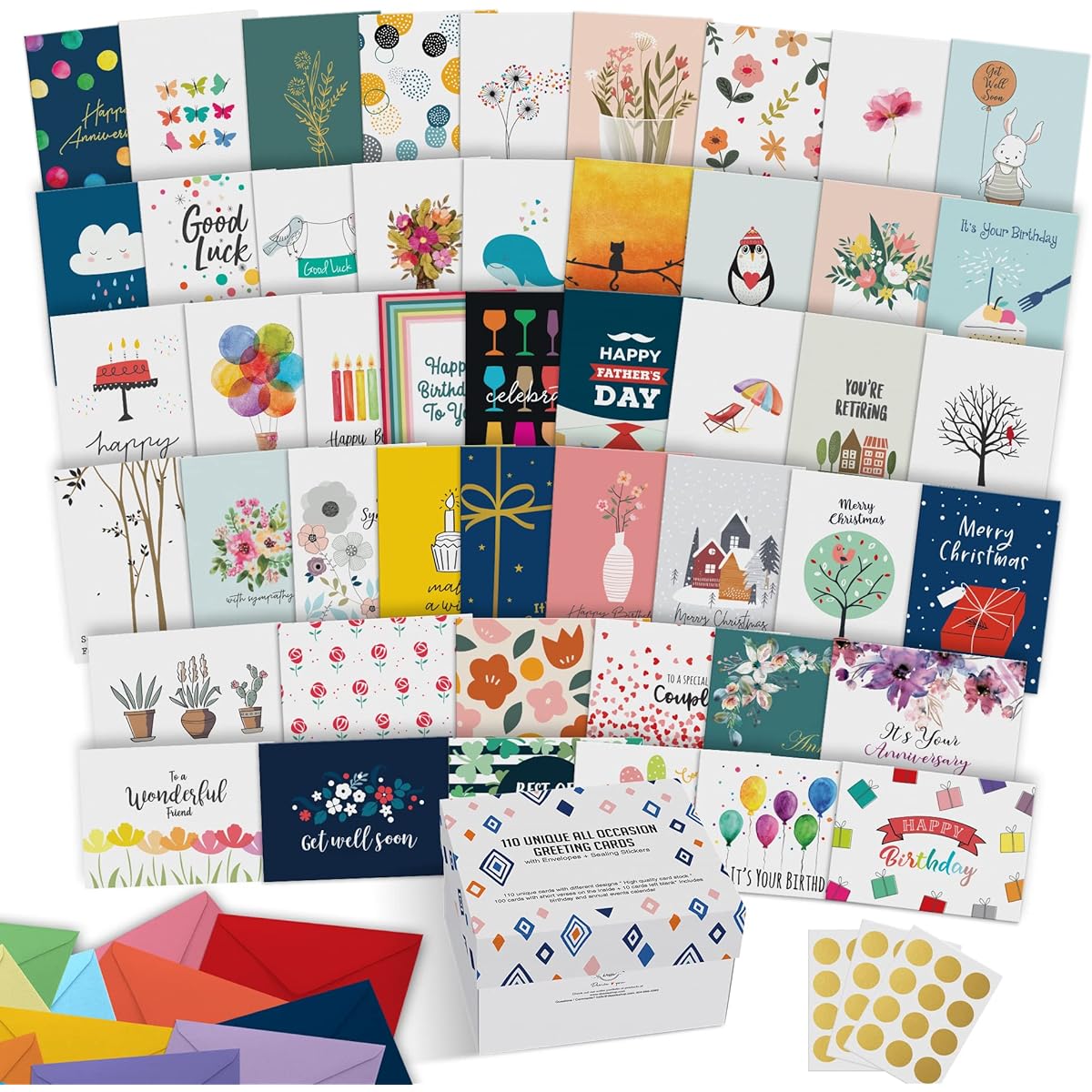 Dessie Multipurpose Card Assortment Box with Envelopes and Inner Messages, Birthday Cards, Sympathy Cards, Card Organizer Box with Dividers and Gold Seals, 110 Large Cards