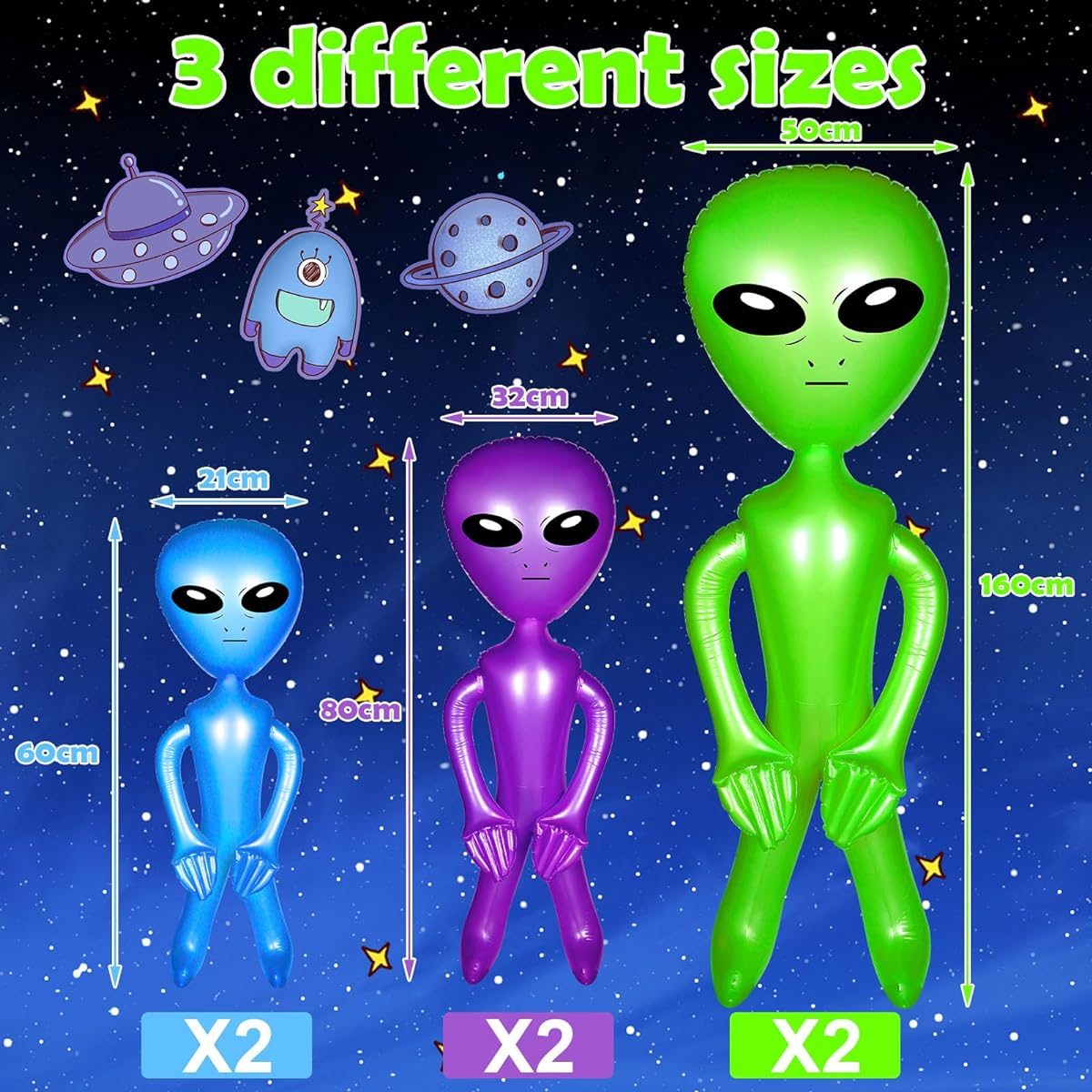 6 Pieces Inflatable Alien Balloons Alien Birthday Party Decorations Alien Inflatables Jumbo Toys Halloween Alien Theme Party 63" 31.5" 23.6" (Green Purple Blue)