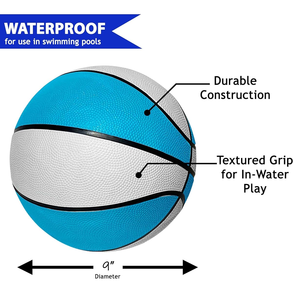 Botabee Regulation Size Swimming Pool Basketball | Blue Basketball for Swimming Pool Basketball Hoop & Pool Games | Regulation Size Waterproof Basketball for Ages 12+ (Size 6, 9" Diameter)