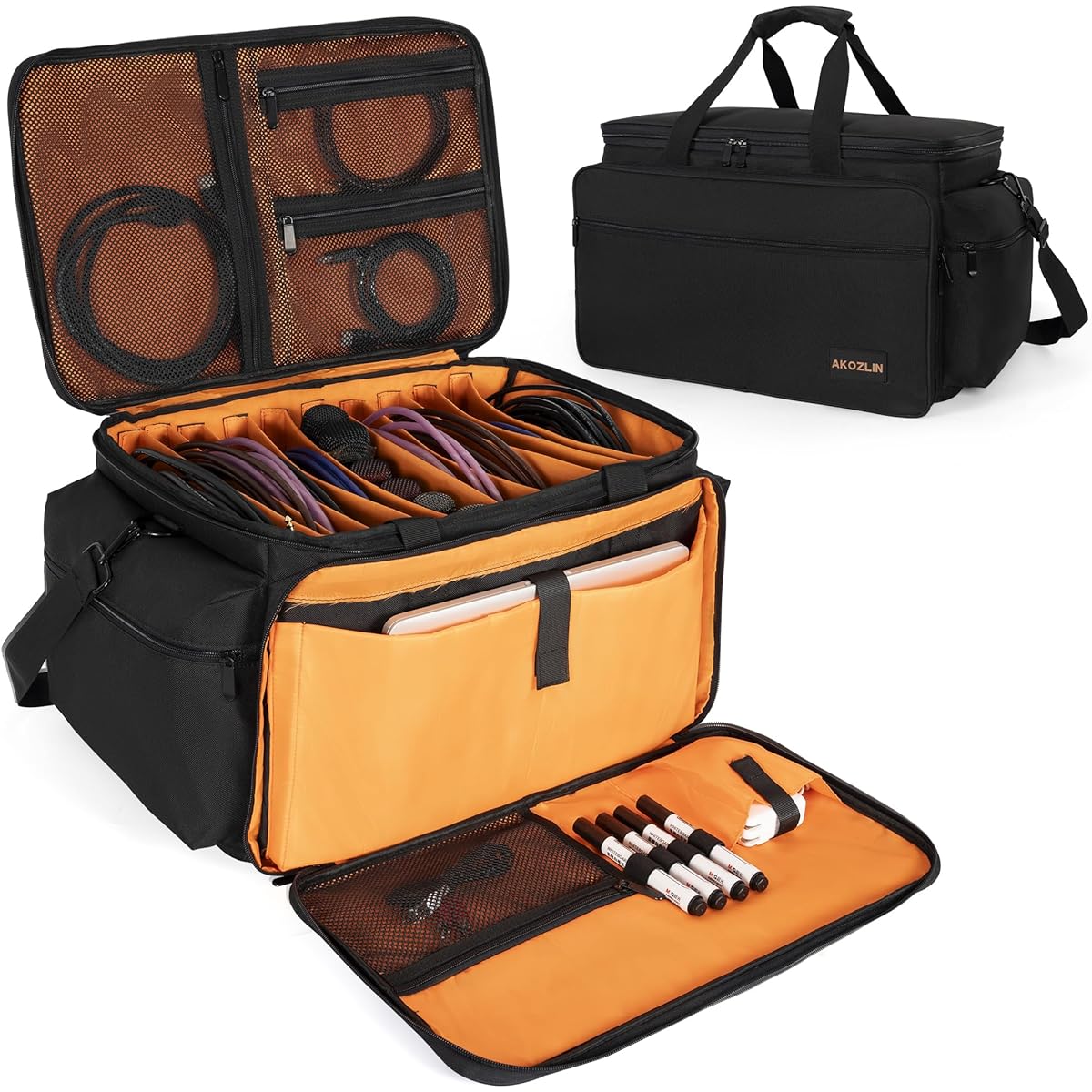 AKOZLIN Cable File Bag with Removable Dividers DJ Gig Bag Cord Organizer Case for Laptop/DJ Gear/Sound Instrument/Music Equipment Accessories Black Orange