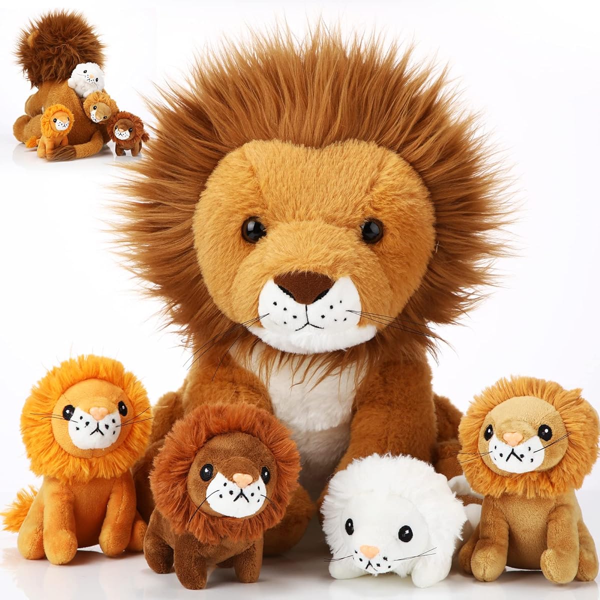 Honoson 5 Piece Lion Plush Toy Set, 14" Large Lion Stuffed Animals with 4 Cute Baby Lions Zippered on Back, Soft Cuddly Lion Plush Toy for Boys Girls Birthday Favors Woodland Party Decorations (Mane Lion)