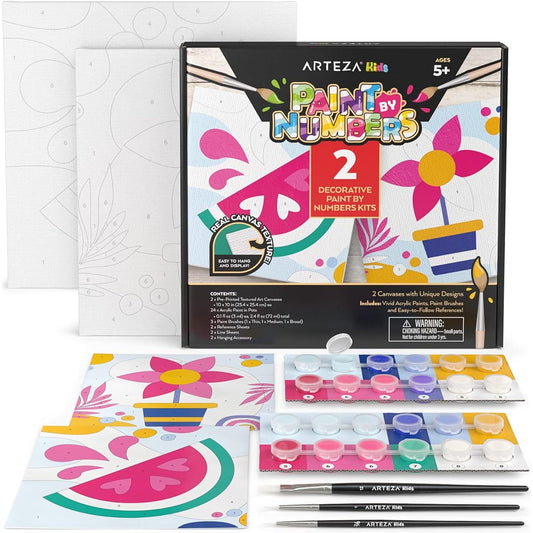 Arteza Kids Paint by Numbers Kit, 10 x 10 Inch Decorative Pre-Printed Canvas Painting Kit, 2 Canvases, 24 Acrylic Paint Pots, 3 Paint Brushes, Art Supplies to Develop Hand-Eye Coordination