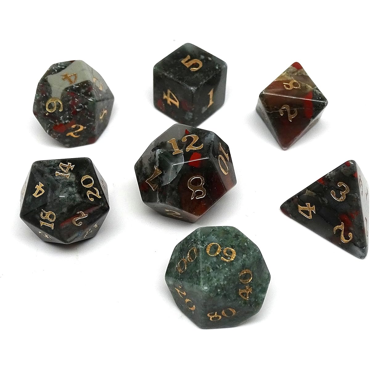 Stone Dice Collection – 7 Piece Collection of Semi-Precious Stone Dice with Signature Font (African Bloodstone)