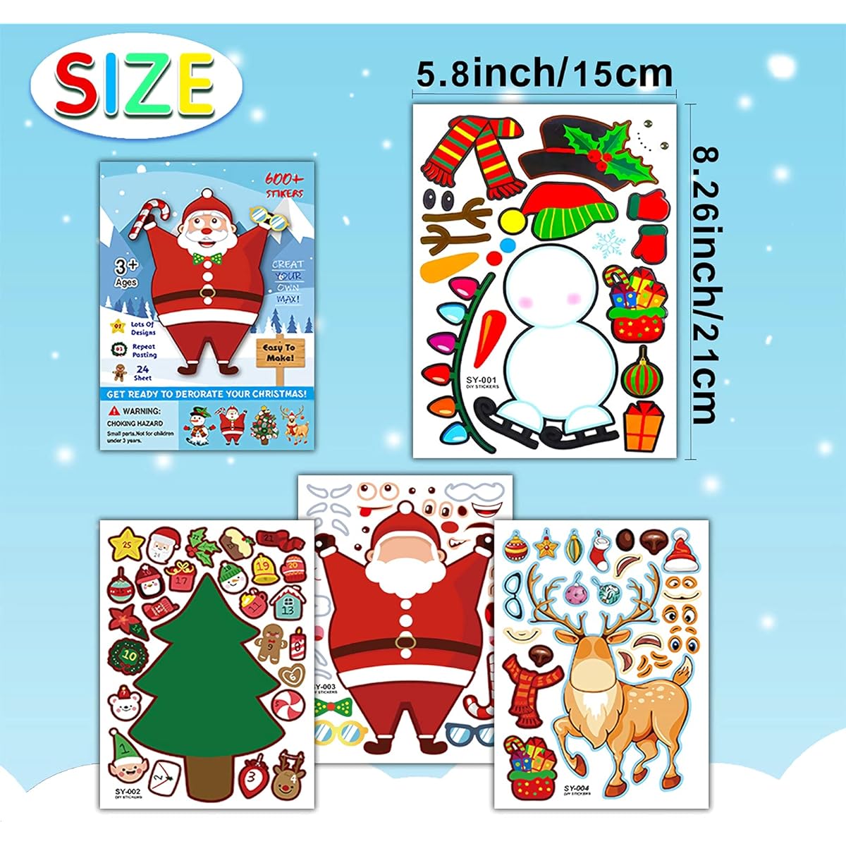 24pcs Christmas Stickers for Kids, Make Your Own Stickers, Christmas Party, Game Stickers, Crafts, DIY Stickers, Face Stickers, Kids Party, Christmas, Holiday Stickers