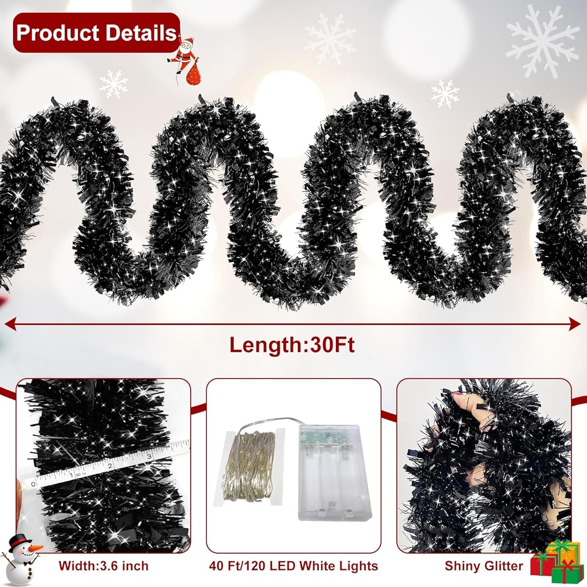 TURNMEON 30ft Christmas Black Tinsel Garland Decorations with 120 LED Lights, Christmas Thick Thin Shiny Metallic Tinsel Twisted Garland for Christmas Tree Decorations Home Indoor Outdoor Party Supplies