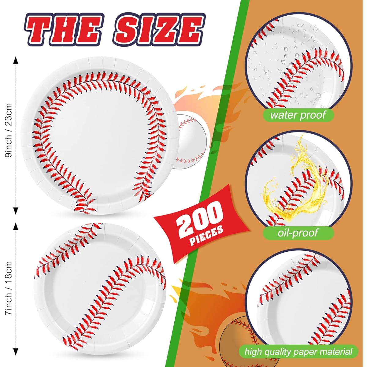 200 Pieces Baseball Paper Plates 9" and 7" Disposable Baseball Party Plates, Baseball Serving Tray, Baseball Snack Platter, Baseball Game Day Theme, Birthday Decoration Supplies, Family Dinner