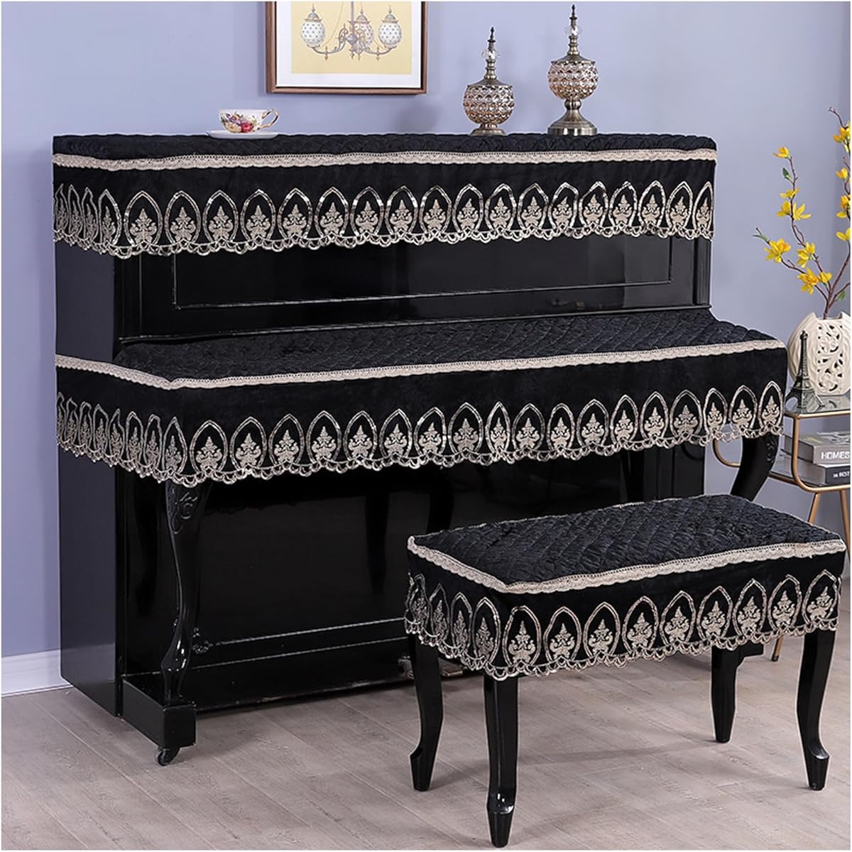 European style piano cover, piano stool cover, piano protective cover 3-piece set, soft, dustproof, machine washable, gift for family, easy to clean