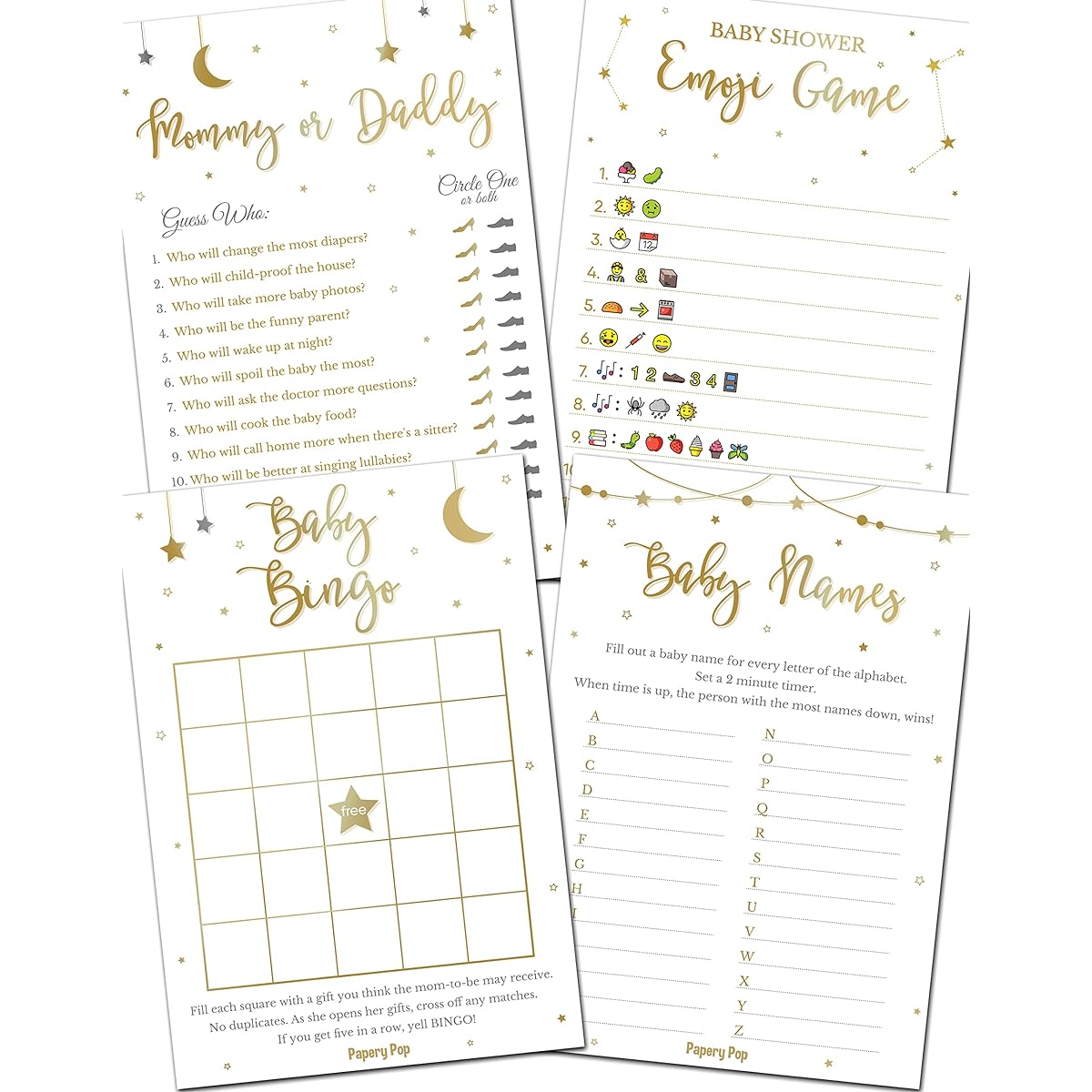 Baby Shower Games for Boys and Girls, Set of 4, 30 Guests, Double-Sided Cards, Gender Reveal Party Supplies, Gender Neutral, Gold Star Theme