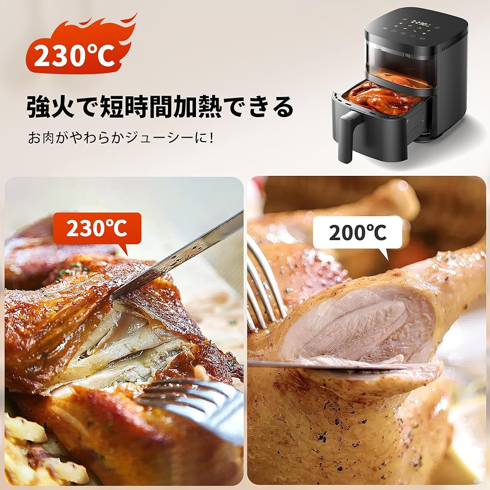 Air Fryer 4.5L Non-Oil Fryer Air Fryer for 1-5 People Visible Window Large Capacity Home Use Energy Saving Maximum Temperature 230℃ Air Fryer Machine LED Display Japanese Recipe Included Timer Automatic Power Off PSE Certified [2 Year Manufacturer Warran