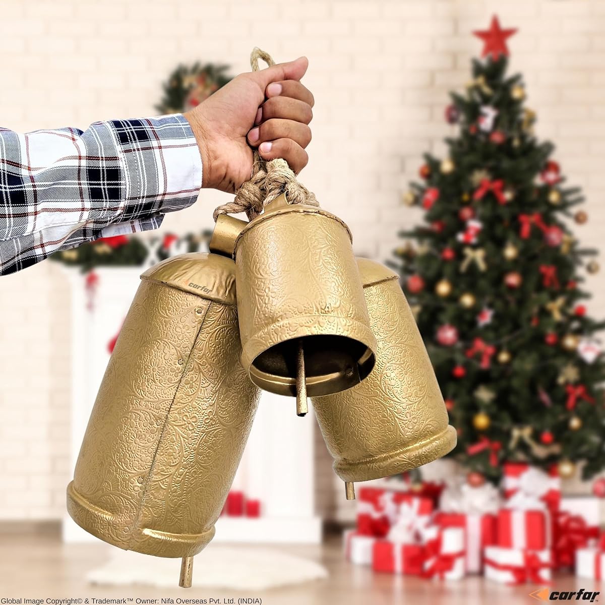 Carfar Set of 3 Etched Flora Style Large Bell Handmade Metal Harmony Christmas Hanging Cowbell Complete Set