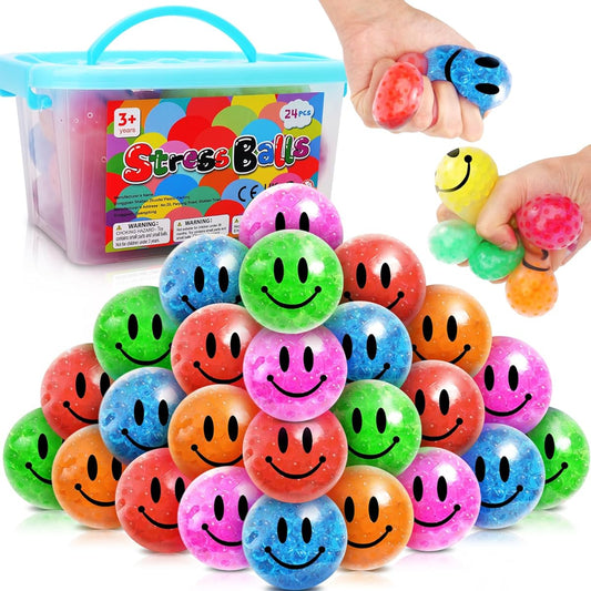 24 Pack Water Beads Stress Balls - Smile Face Squishy Balls Sensory Toys for Kids and Adults, Stress Toys to Relieve Anxiety, Bent Mood Stress Relief Squeeze Balls for ADHD/Autism