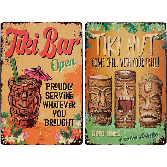 Aloha Nui Tiki Bar Signs Set of 2 Tiki Bar Decorations Outdoor Tiki Bar Open & Tiki Hut Come Chill 8x12 Inch with 8 Screws Tiki Decor Luau Party Decorations