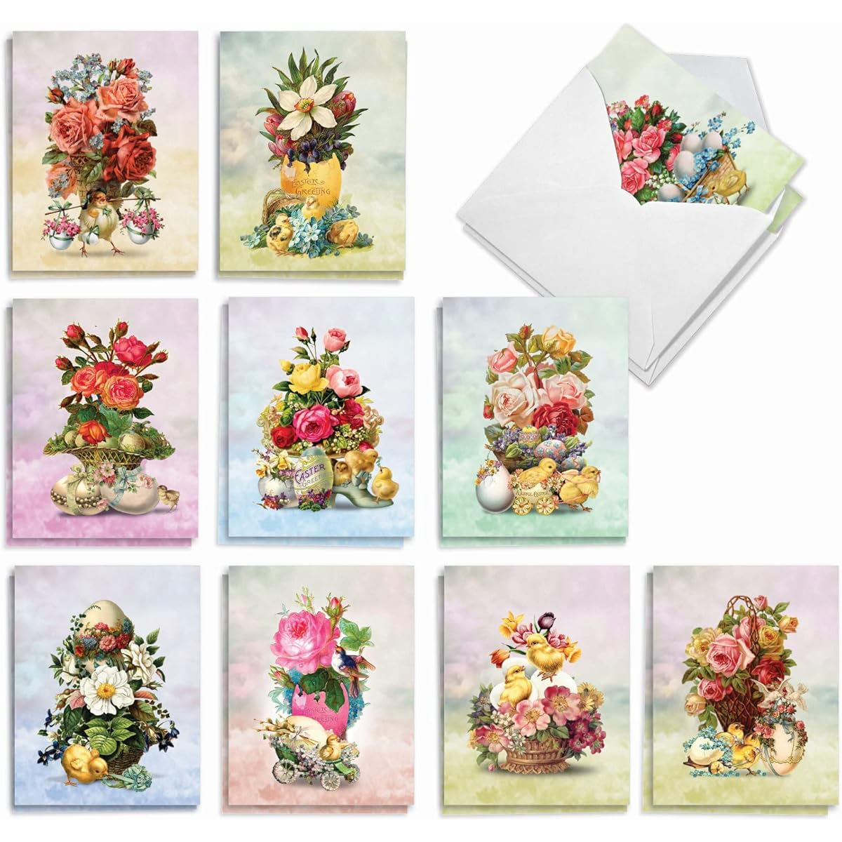 The Best Card Company 20 Easter Note Cards Bulk Box Set 4 x 5.12 Inches with Envelopes (10 Designs, 2 of Each) Vintage Spring Flowers AM10430EAG-B2x10
