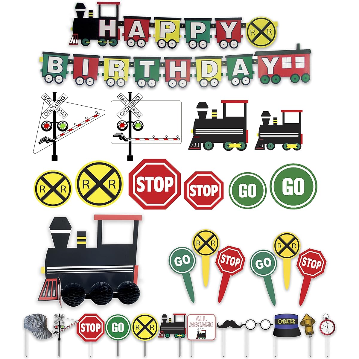 Havercamp Railway Birthday Party Premium Decorations Set! Includes: 1 x 7ft "Happy Birthday" Banner, 1 x LG Train Centerpiece, 12 x Fun Photo Props, 10 x Wall Cutout Decorations, 24 x Party Picks