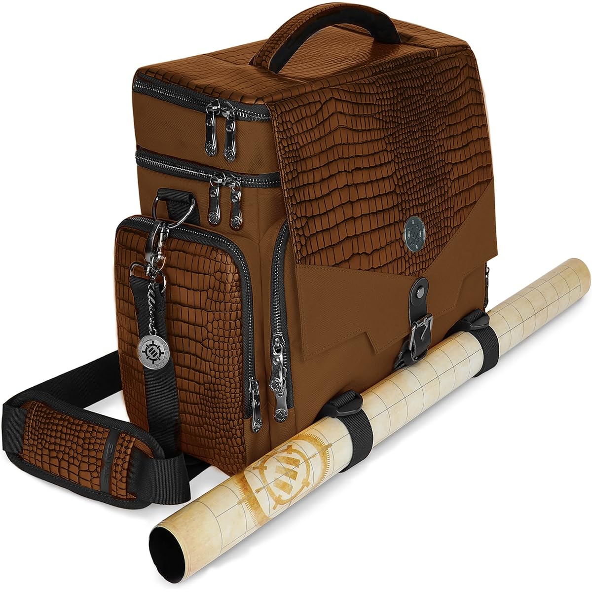 ENHANCE Collector's Edition RPG Adventure DnD Bag - Dragon Hide Exterior Travel RPG Bag, Tabletop Miniature Storage Vault, Mat Holder with DnD Dice & Token Pockets, Fits 4-8 Books (Dragon Brown)