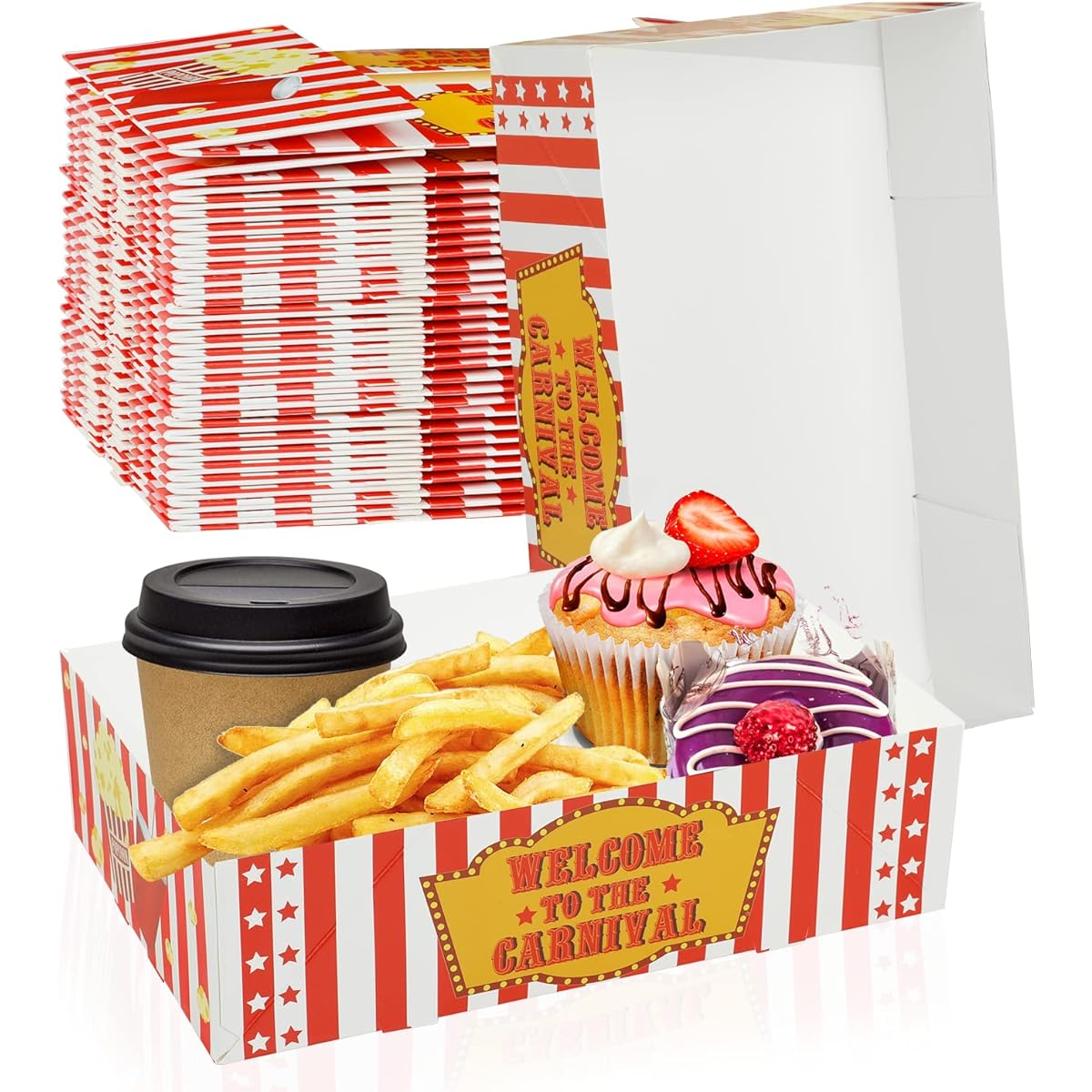 Carnival Party Supplies 4 Corner Food Boxes Movie Night Snack Trays Paper Food Trays Circus Party Favors Disposable Food Holders for Nacho Theater Snacks 30pcs