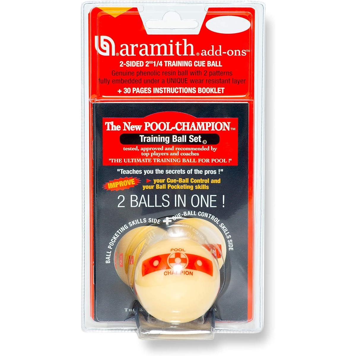 Aramith Champion Training Pool Cue Ball 2 1/4" Double-Sided Blistered 30 Page Instructions Included