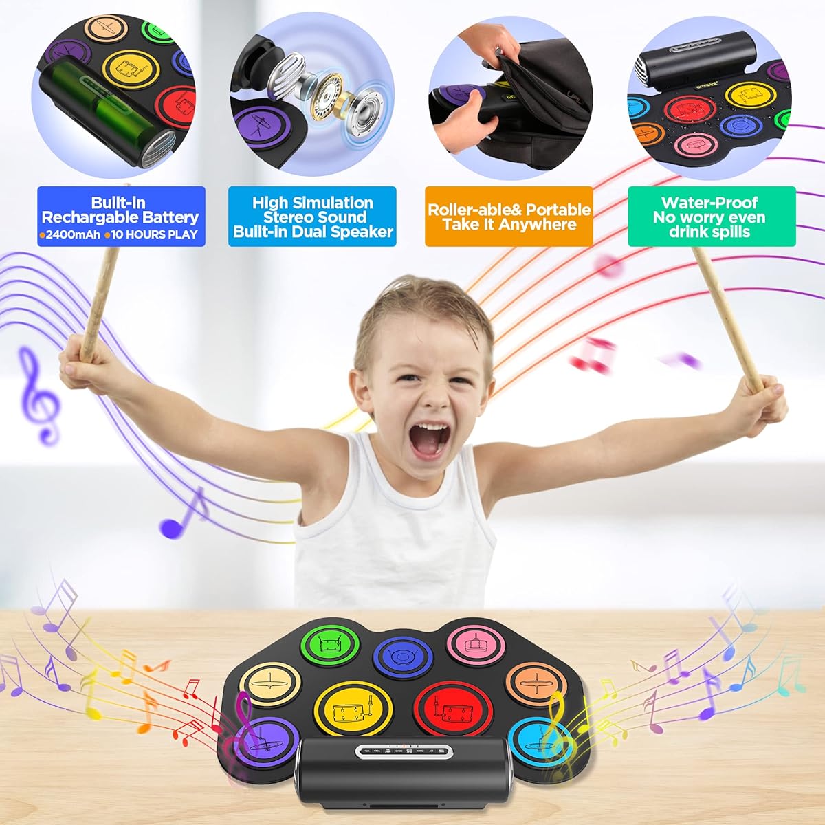 ORASANT 9 Pads Real Effects Rechargeable Portable Electronic Drum Set with Icons Roll-up Practice Drum Pad Electric Drum Pad with Speaker/Headphone Jack/Pedal 12 Hour Playtime Christmas Gift