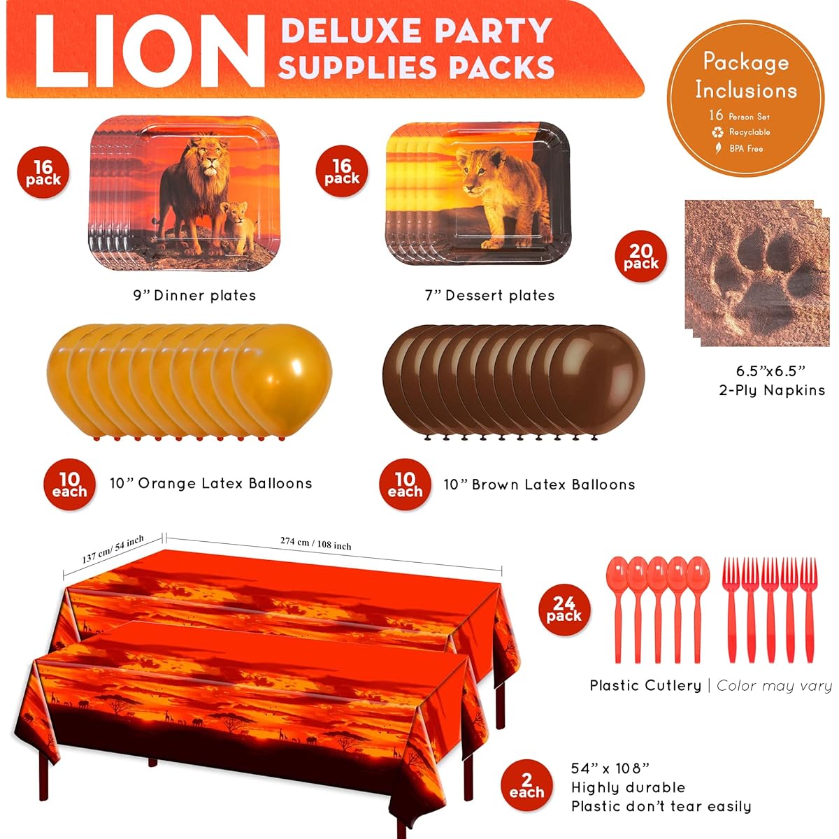 Lion Deluxe Party Supplies Pack (122 Pieces, Serves 16 People) - Lion Party Decorations Safari Birthday Decorations Safari Party Supplies King of the Jungle Party Lion Theme Party Blue Orchard