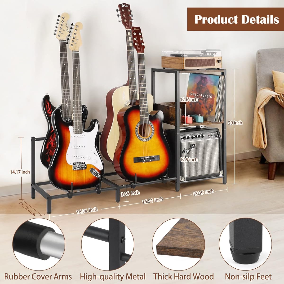 Bikoney Guitar Stand 4 Tier Acoustic, Electric Guitar, Bass, Guitar Rack Holder Floor Adjustable for Multiple Guitars, Guitar Amp Accessories, Guitar Holder Display for Room Home Studio (Patented)