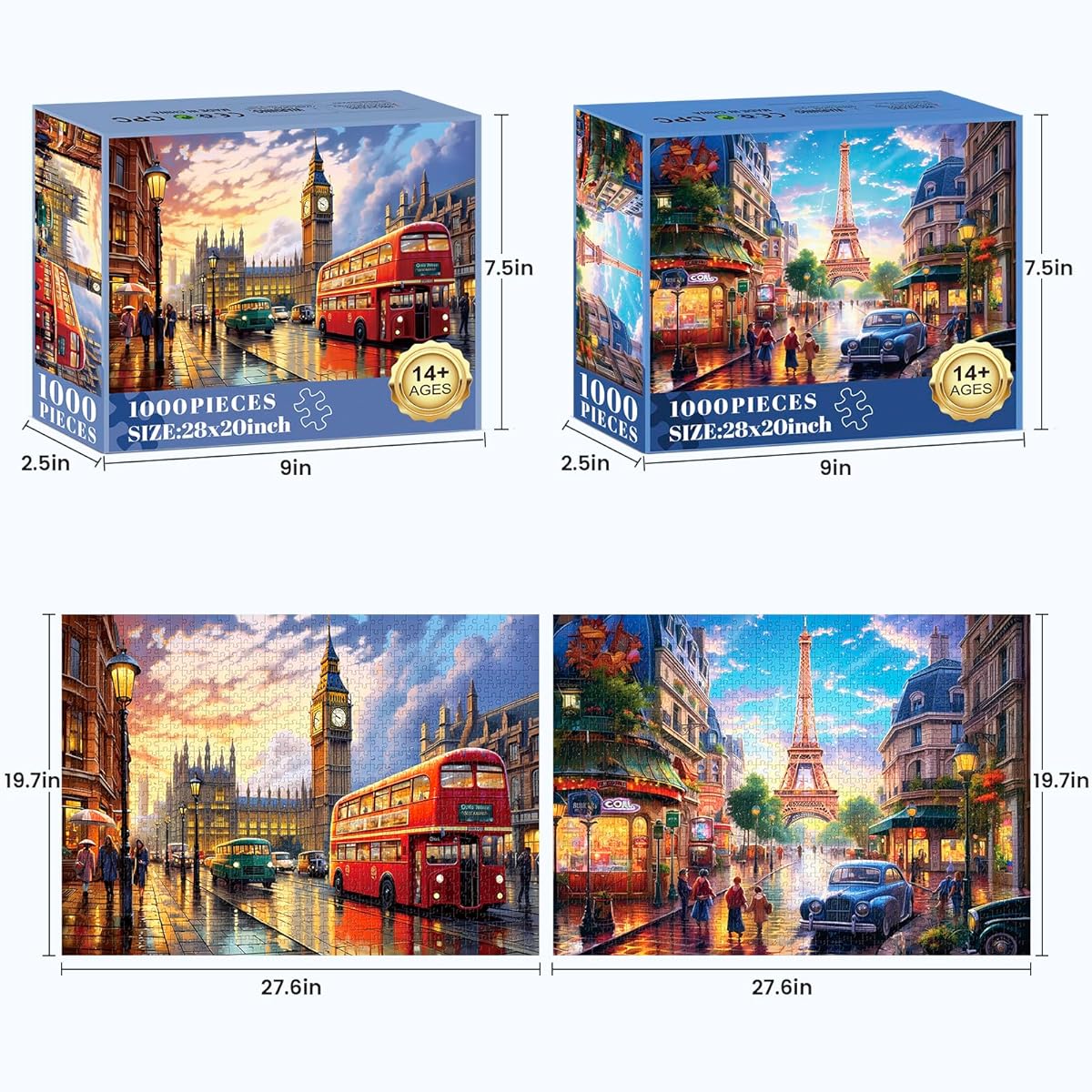 2 Pack Puzzles for Adults 1000 Pieces Big Ben and Eiffel Tower Challenging Jigsaw Puzzles for Adults Hard Jigsaw Puzzles Decoration DIY Leisure Games Toys Perfect for Family Friends (27.5x20 Inch)