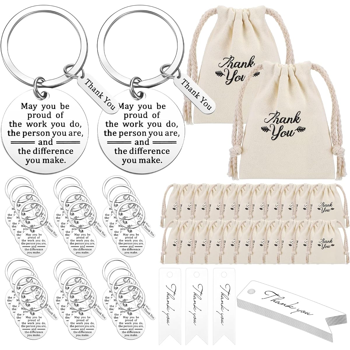 Sasylvia 36 Set Thank You Gifts Employee Appreciation Gifts Bulk Inspirational Keychains with Canvas Bag and Thank You Tag, White, Keychain: approx. 1.18 inches, SASYLVIA-KEYCHAIN-76