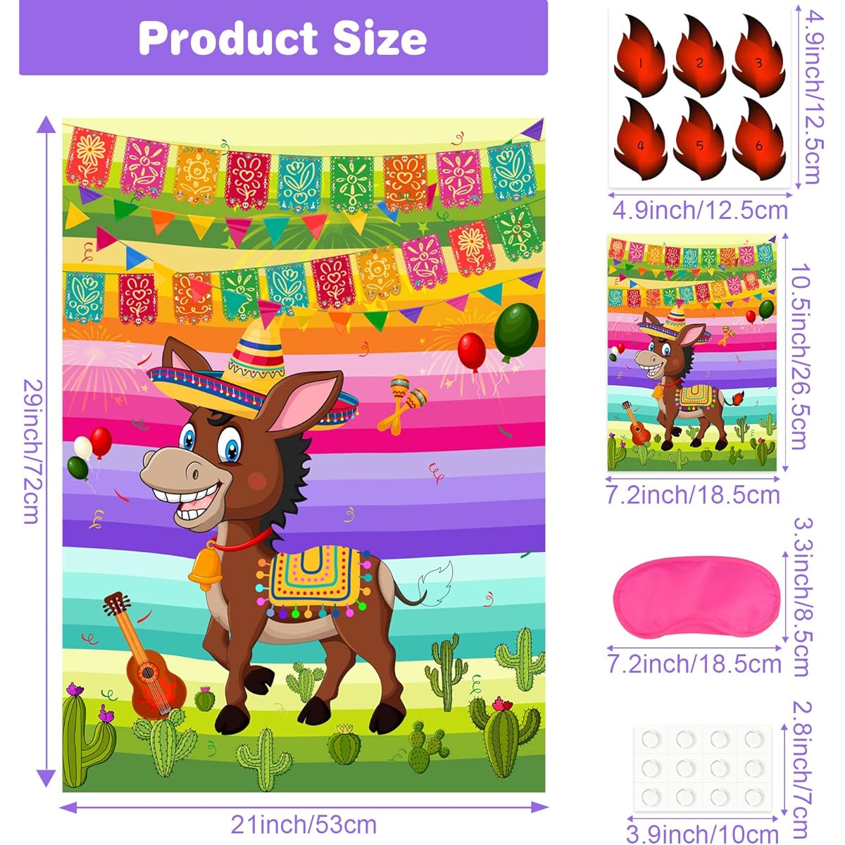 NEBURORA Pin the Tail on the Donkey Mexican Donkey Game with 24 Tails for Cinco de Mayo Party Mexican Party Fiesta Theme Kids Birthday Supplies