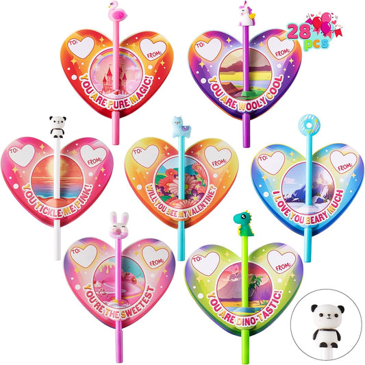 28 Pack Valentine Cards with Animal Pens, Valentine Stationery Gift Set for Kids, Classroom Swap Giveaways, Valentine Swap Gifts, Valentine Greeting Cards
