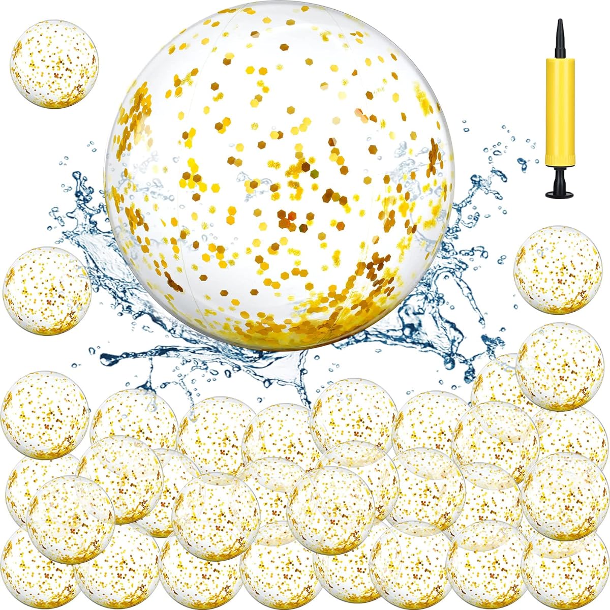 50pcs Glitter Beach Balls Swimming Pool Party Balls Bouncy Inflatable Balls Floating Confetti Beach Balls for Kids/Adults Summer Beach Decorations (Gold)
