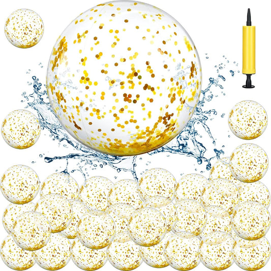 50pcs Glitter Beach Balls Swimming Pool Party Balls Bouncy Inflatable Balls Floating Confetti Beach Balls for Kids/Adults Summer Beach Decorations (Gold)