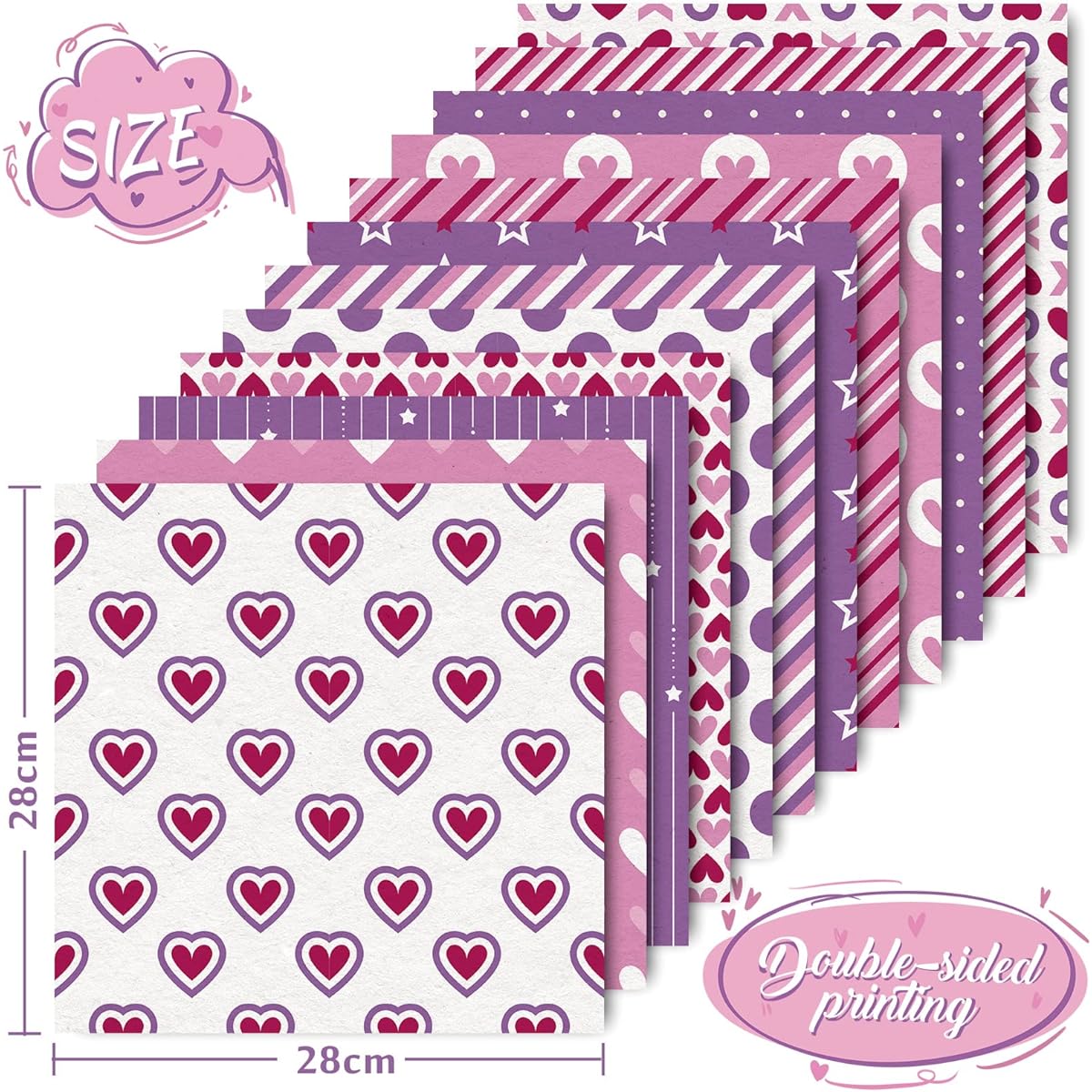Whaline 12 Designs Valentine Pattern Paper Pack 24 Sheets Heart Scrapbook Specialty Paper Pink Purple Collection Double Sided Decorative Craft Paper for Card Making Scrapbooking