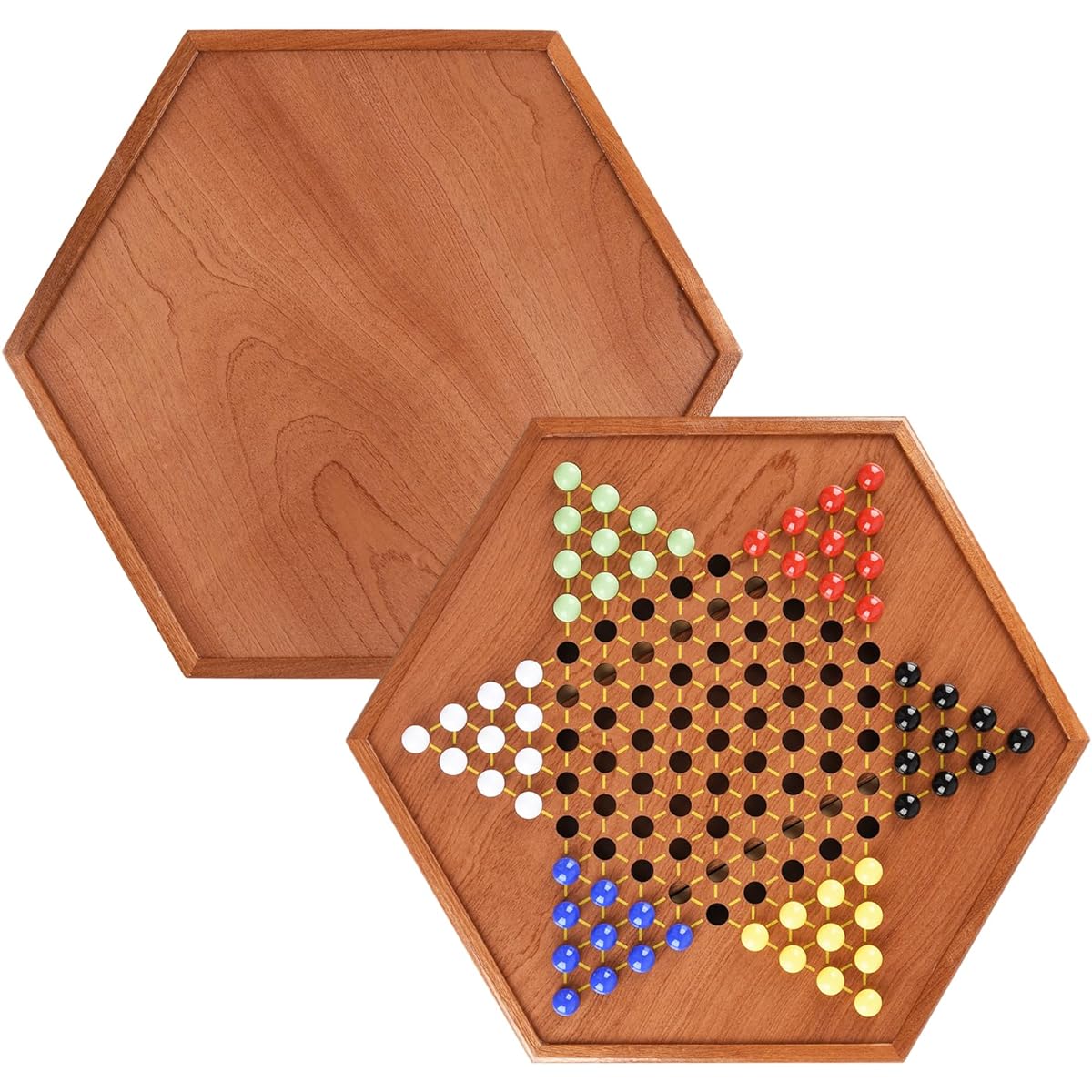 16.5" Large Wooden Chinese Checkers Halma Board Game with Drawer and 60 Acrylic Marbles for Kids and Adults, Perfect for up to 6 Players, Classic Strategy Game