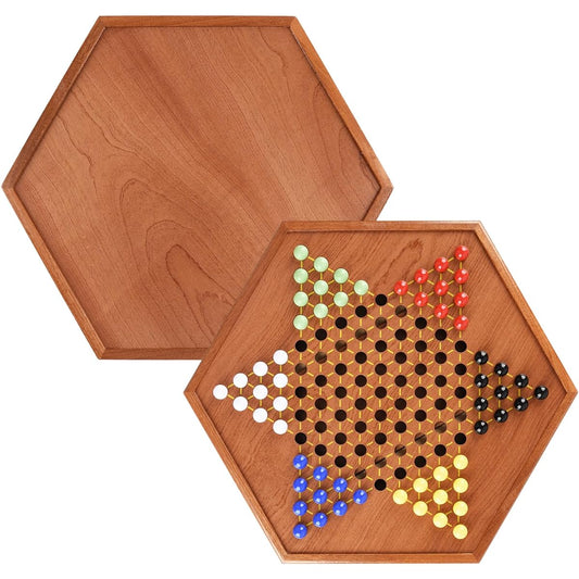 16.5" Large Wooden Chinese Checkers Halma Board Game with Drawer and 60 Acrylic Marbles for Kids and Adults, Perfect for up to 6 Players, Classic Strategy Game