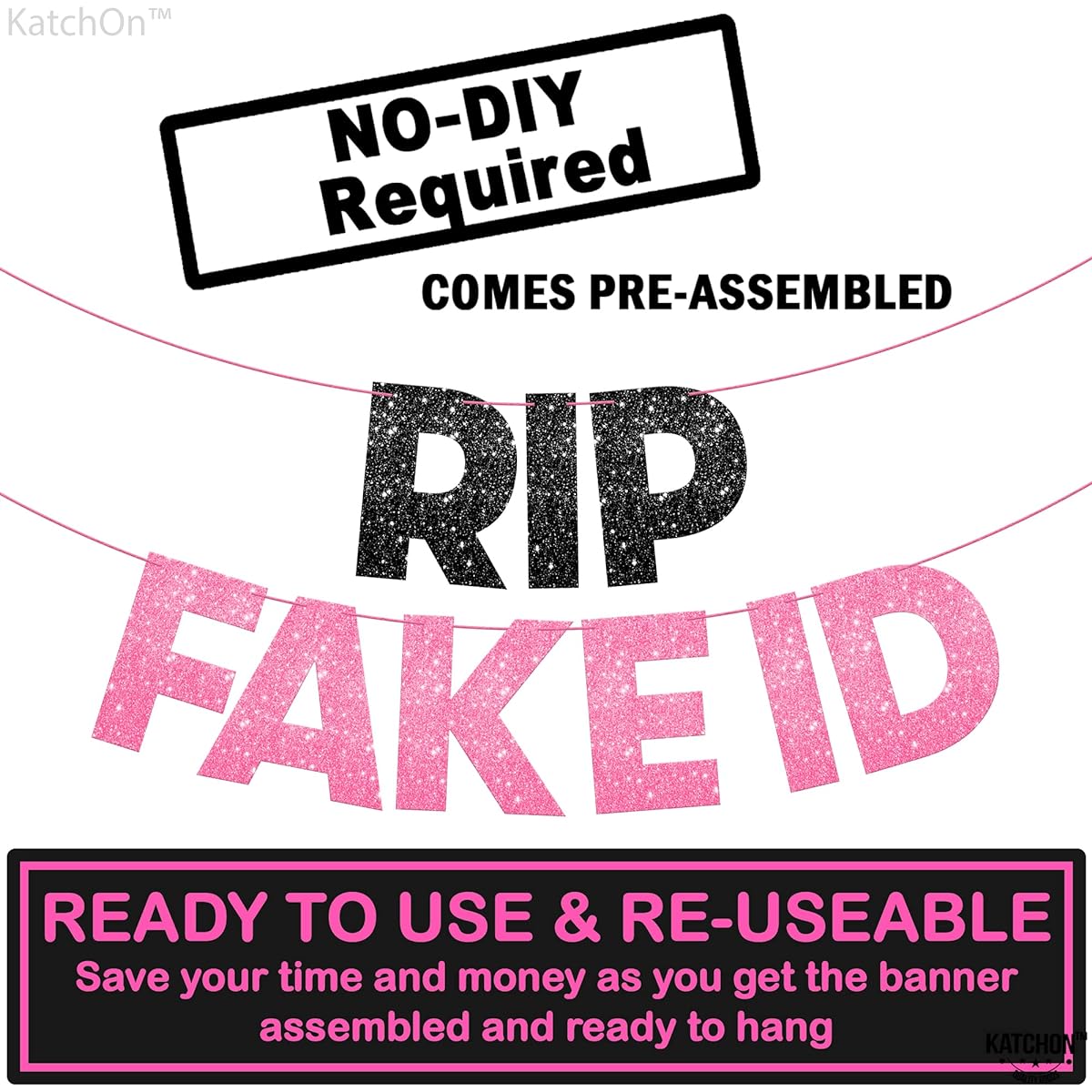 KatchOn Black & Pink RIP Fake ID Banner - Glitter, 10 Feet, No DIY Required | 21st Birthday Sign | 21st Birthday Decorations for Her | Finally 21 Banner | 21st Birthday Decorations | 21st Birthday Banner
