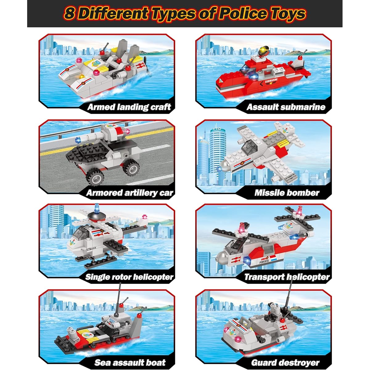 2021 Upgraded Military Building Blocks Kit with Missile Cruiser Building Bricks Army Cars Helicopter Patrol Boat 630 Pieces STEM Building Kit with Baseplate for Ages 6+