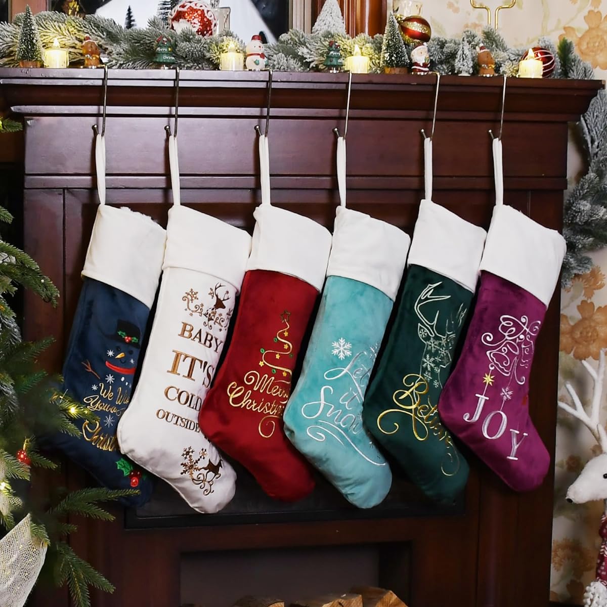 Senneny 6 Pack Luxury Velvet Christmas Stockings, High Quality Embroidered Christmas Stockings, Large Classic Christmas Hanging Decorations for Family/Christmas/Holiday Parties