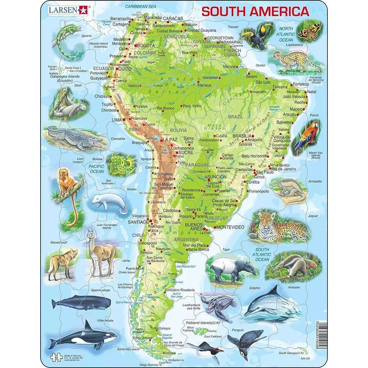 Larsen Puzzles South America Map with Animals - 65 Piece Educational Jigsaw Puzzle for Kids